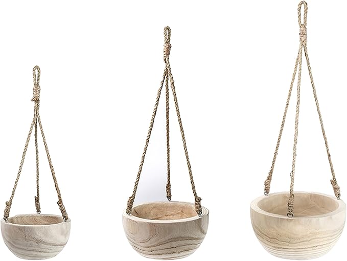 CYS EXCEL Meduim Wooden Hanging Planter Paulownia Wood Bowl Basket with Jute Rope for Indoor Plants Succulents
