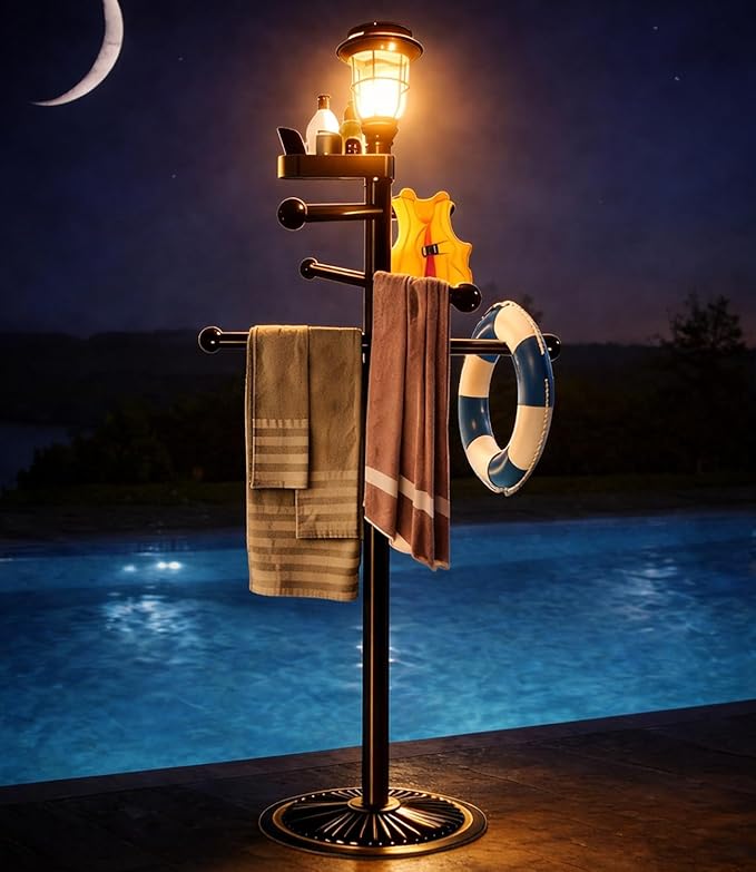 Pool Outdoor Towel Rack with Solar Light, 6 Bars with Top Tray Metal Heavy Duty Pool Accessories with Heavy Metal Base, Hot Tub Accessories for Pool and spa