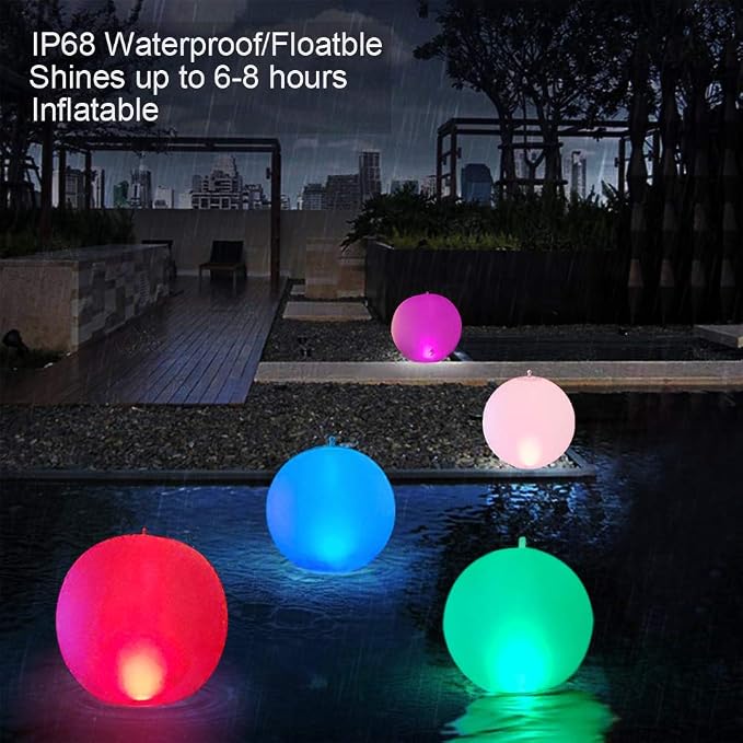 Rukars Floating Ball Pool Light Solar Powered 4 PCS, 14 Inch Inflatable Hangable IP68 Waterproof Rechargeable Color Changing Led Glow Globe Pool