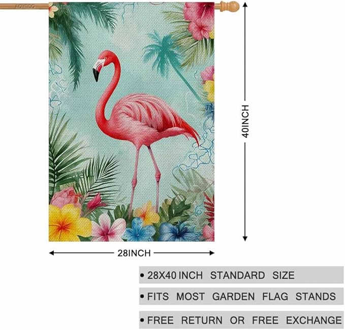 AOYEGO Pink Flamingo House Flag 28 x 40 Inch Large Vertical Double Sided Summer Fresh Palm Trees Background Watercolor Flowers Seasonal Outside Décor for Garden Yard Farmhouse Flags