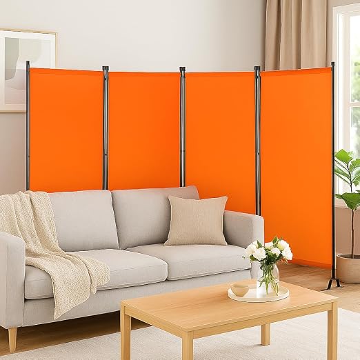 Proman Products - Galaxy 4 Panel Section Privacy Folding Screen Divider, Water Repellent Fabric Room Divider with Black Powder Coated Metal Frame for Indoors or Outdoors (Orange)