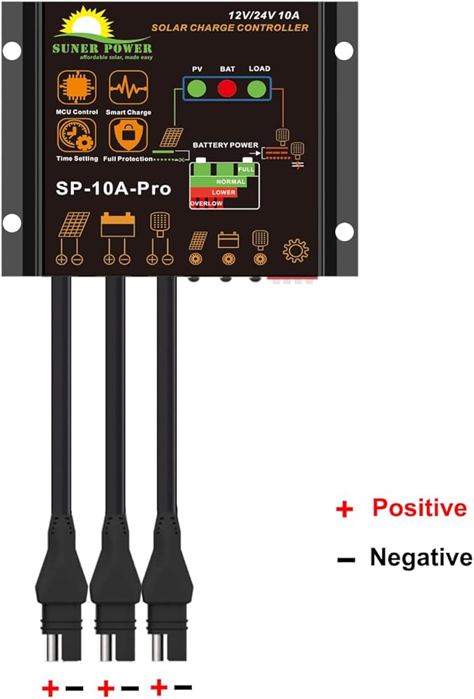 SUNER POWER 10 Amp 12V 24V Solar Charge Controller, Waterproof 10A Solar Panel Regulator with Dust to Dawn Load Setting for 12Volt 24Volt Lead-Acid, AGM, Gel, Flooded and Lithium LiFePO4 Battery