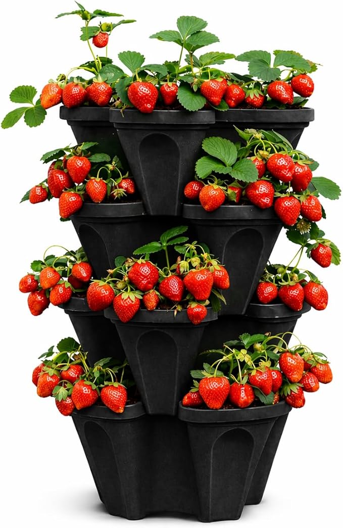Vertical Garden Planter 4 Tier Stackable System 16 Plants, Space Saving Herb, Strawberry & Food Crop Planter with Center Support Hole for Indoor Outdoor Gardening (4, Midnight Black, Small)