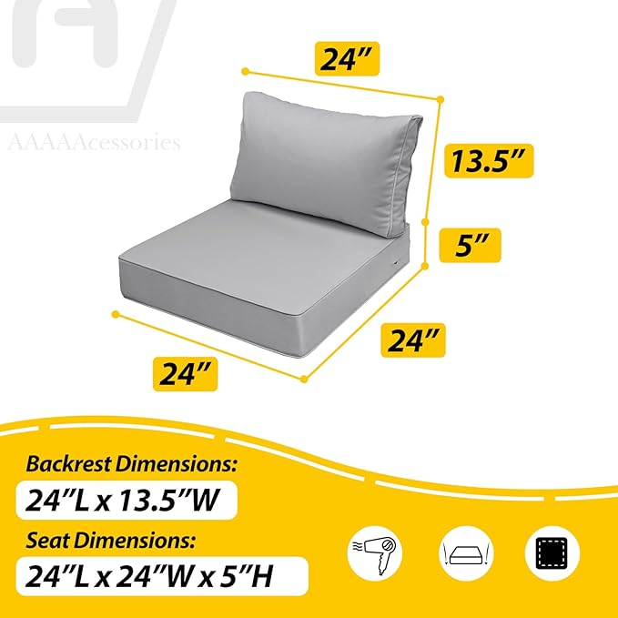 AAAAAcessories Outdoor Seat Cushions for Chairs, Fade-Resistant, Waterproof Patio Furniture Replacement Cushions, 24" x 24" x 5" + 24" x 13.5", Gray