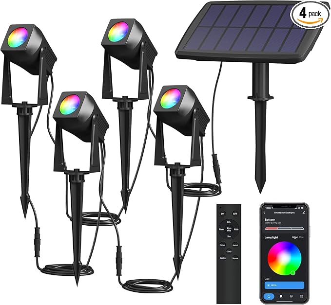Solar Smart Bluetooth Landscape Spotlights 4 Pack, RGBW Landscape Light, Solar Spot Lights Outdoor, Solar Outdoor Uplights for Garden Trees Yard Landscape