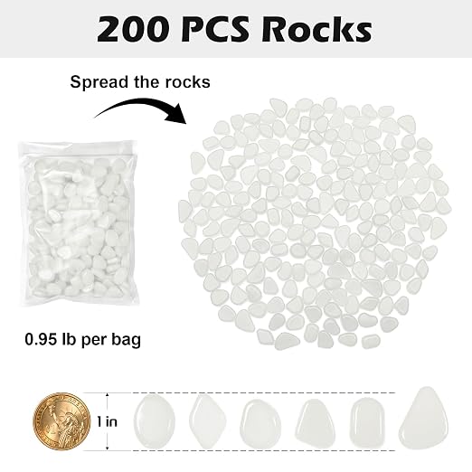 NAMTSO Glow in The Dark Rocks Outdoor, 200 pcs White Solar Rocks for Landscaping, Outdoor Decor Glow in The Dark Stones, Glowing Pebbles for Garden Backyard Patio Lawn Pond Fish Tank Aquarium Decor