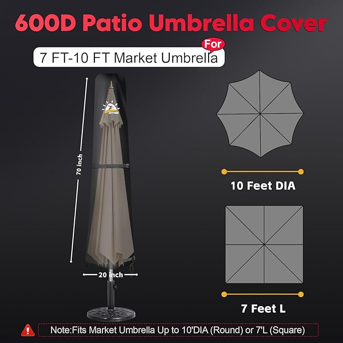 Zettum Patio Umbrella Cover - 600D Umbrella Cover Waterproof & Heavy Duty, Outdoor Umbrella Covers with Zipper, Large Patio Parasol Covers Provide All-Weather Protection, Fits Market Umbrellas 7-10 FT
