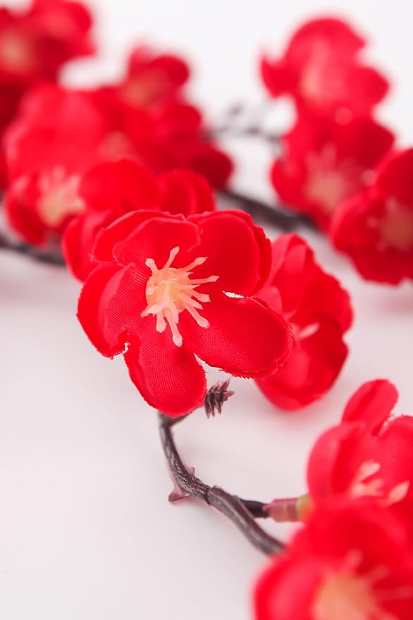 5 Pcs Artificial Plum Blossom Fake Wintersweet Long Stem Plastic Flowers Home Hotel Office Wedding Party Garden Decor 27.5'' High Red