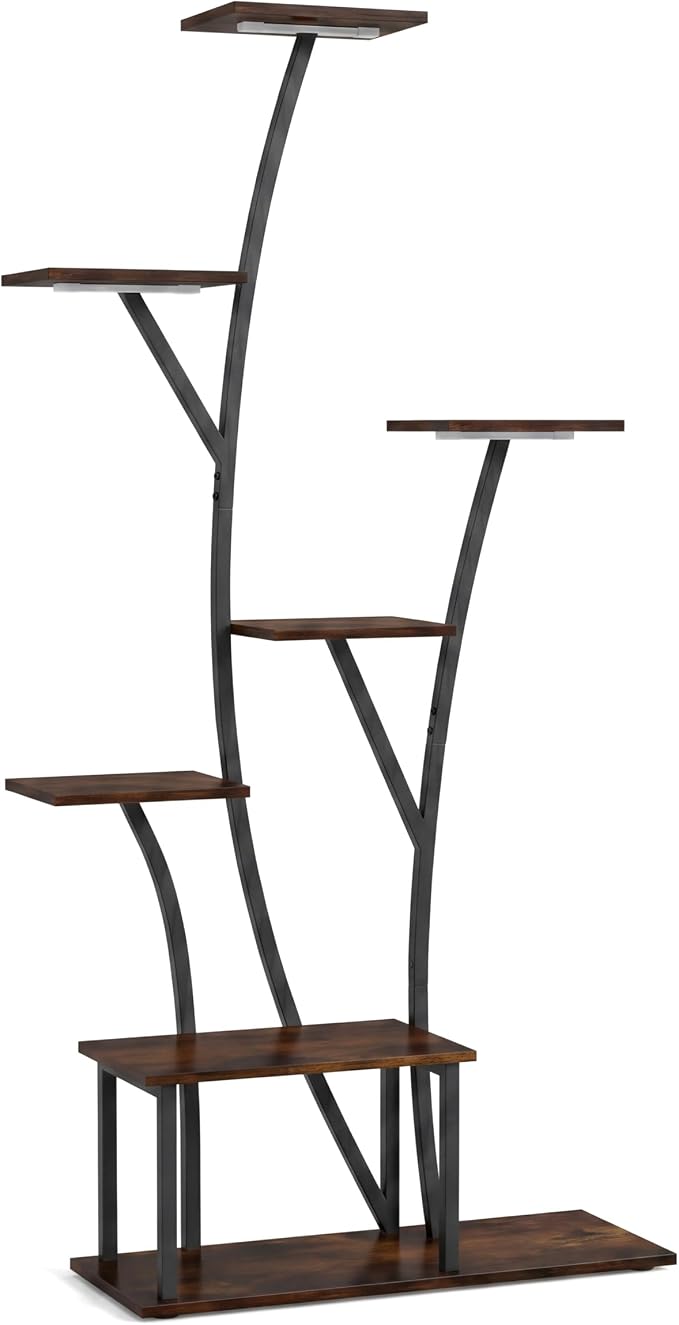 Quikraen 7 Tier Tall Plant Stand with Grow Light For Indoor Plants Growing 60in Indoor Flower Stand Tree-Shaped Plant Shelves for Living Room Patio Black
