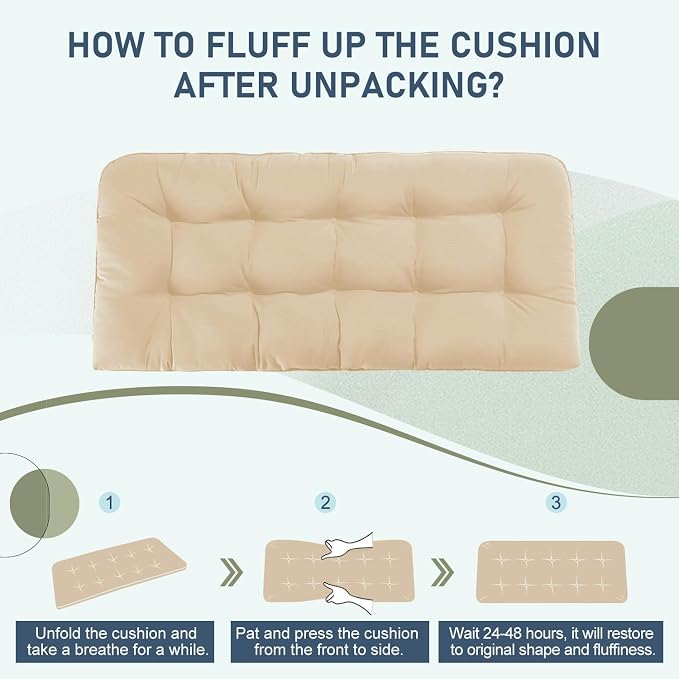 downluxe Outdoor Bench Cushion for Patio Furniture, Water Resistant Tufted Overstuffed Porch Swing Cushions, Thick Outdoor Loveseat Cushions, 44" X 19" X 5", Beige, Set of 1