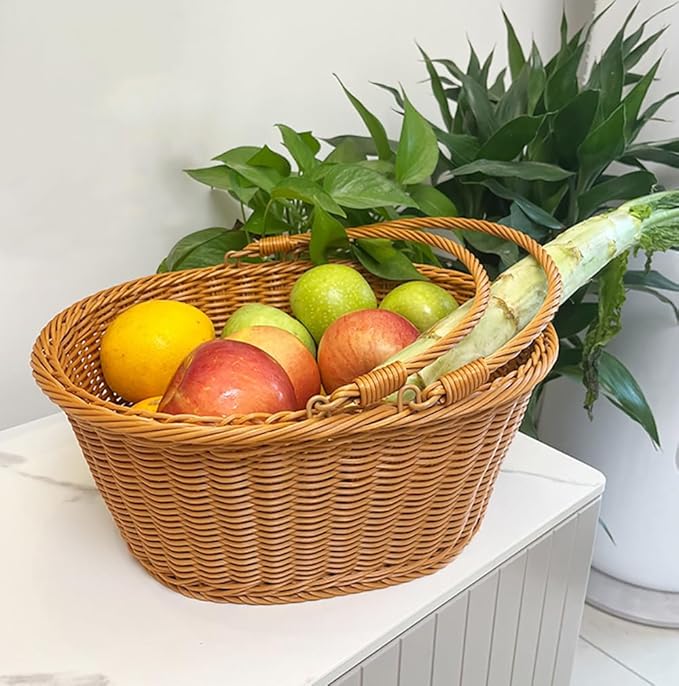 Picnic Basket, Garden Harvest Basket, Wicker Shopping Baskets with Foldable Handles, Reusable Handwoven Market Baskets for Carrying Shopping Storage Gathering (Brown, Oval)