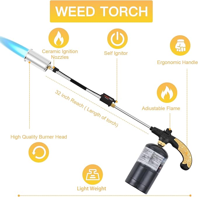 Propane Torch Burner Weed Torch with High Output Heavy Duty Blow Torch 30" Detachable Long Arm Propane Weed Burner&Flame Control Valve for Garden,Stumps,Wood,Melting Ice,Snow Road,Roofing