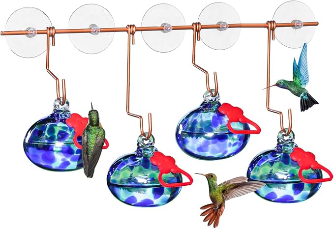 Pozfun Set of 3 Hummingbird Feeders for Outdoors Hanging,Hand-Blown Glass Hummingbird Feeder with Silicone Feeding Perch,Never Leak,Gardening Gifts for Woman Man