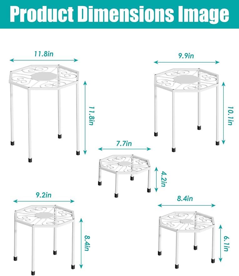 5-Pack Metal Plant Stands for Outdoor Indoor, Anti-Rust Iron Flower Pot Stand, Heavy Duty Plant Pot Shelf for Multiple Plant, Decoration Racks for Home, Patio & Garden (White)