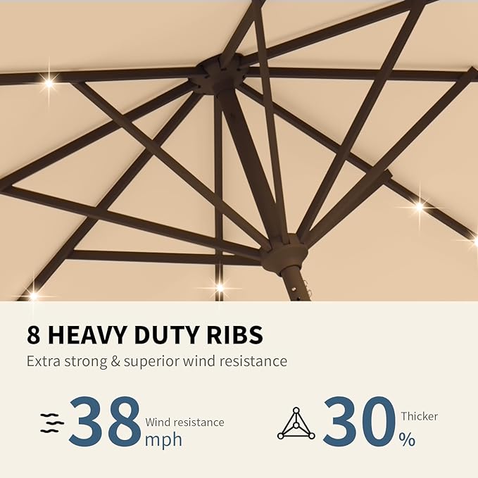 9FT Patio Umbrella with Solar Lights,Outdoor Market Umbrella with Tilt and Crank, LED Lighted Table Umbrella for Garden,Deck,Backyard,Pool,Beach