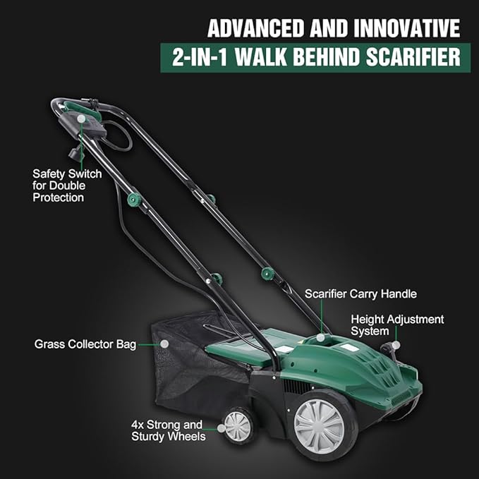 2 in 1 Electric Lawn Dethatcher Scarifier 13-Inch 12 Amp Garden Scarifier with 31.7QT Removable Collection Bag for Lawn Main