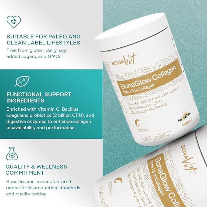 Collagen Peptides - Type I & III - Premium Hydrolyzed Collagen Powder - with Digestive Enzymes & Probiotics - High Dosis of Collagen & Protein - 14 Servings - BonaGlow Vanilla