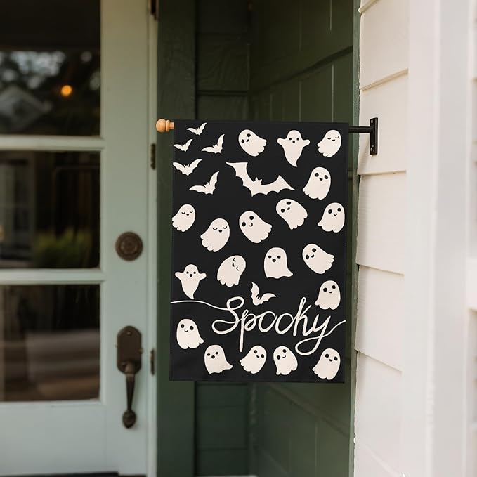 Cute Ghost Halloween House Flag 28x40 Inch Spoohy Black Cream Bat Scary Theme Halloween Holiday Decorative Garden Flags for Outside Double Sided Outdoor Home Farmhouse Decoration Yard Porch Decor