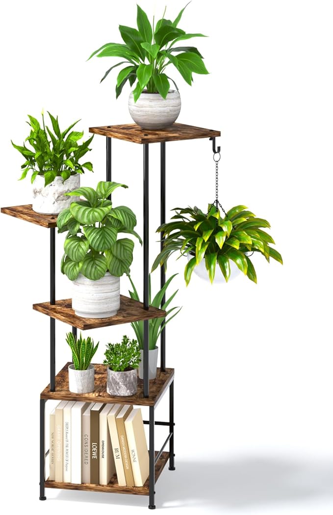 Homsorout Plant Stand Indoor - 5-Tier Metal Plant Shelf with Hanging Basket Hook, Corner Tall Flower Holder for Multiple Plants, Living Room Balcony Garden Patio, Rustic Brown