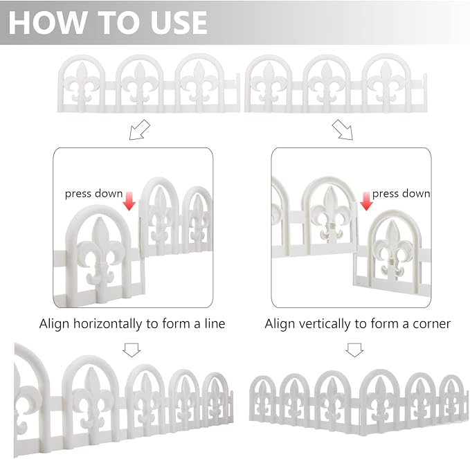 Evelyne White Garden Border Plastic Edging – PP Plastic, Short Metal-Free Wrought Iron Look Design, 27pcs Yard Landscaping Fence Liner Lawn Edge Barrier, 35ft Kit of Decorative Lawn Landscape Panels