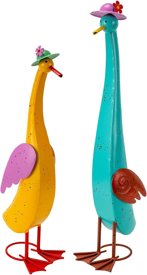 22" Duck Garden Statue Set of 2 Metal Ducks | Outdoor Decor Yard Art Porch Animal Figurine Lawn Ornament Rustproof Sculptures for Outside Patio Backyard Decorations