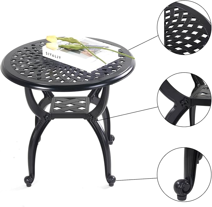Mandolin Outdoor Patio,Rust -Resistant Cast Aluminum Side Table,Weather Resistant End Table，Coffee Table， Perfect for Patio, Backyard Or Garden.W 20.8" X H18.5(Aluminum Round, Black)