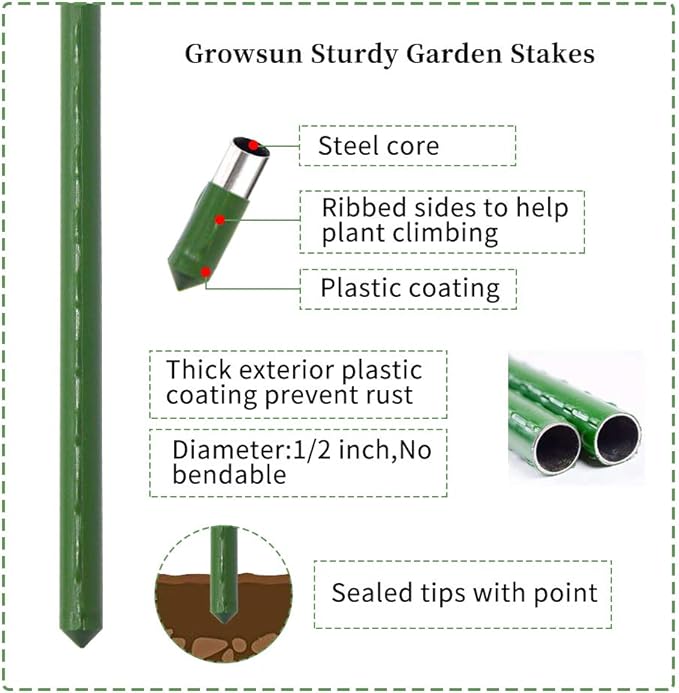Growsun 6ft Garden Stakes Metal Plastic Coated Plant Cage Supports Tomato Stakes Trellis Climbing for Tomatoes,Trees,Cucumber,Fences,Beans,25 Pack
