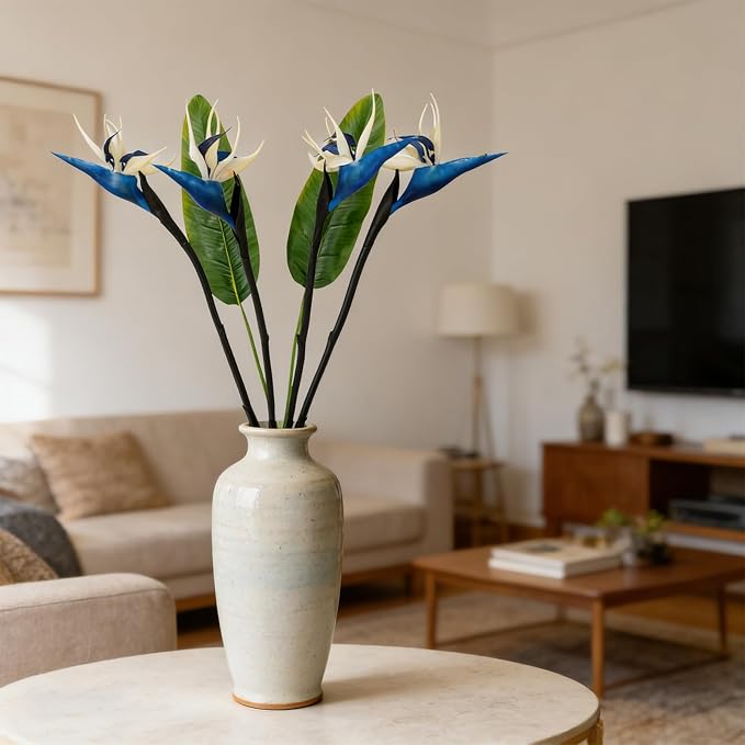 Artificial Bird of Paradise Flowers Real Touch 31.5'in Long Stem Flower 4 Pcs, with Bird of Paradise Leaves 33.5'in Long Stem Greenery Plants 2 Pcs,for Home Garden Wedding Party Decor (Blue 6 Stems)