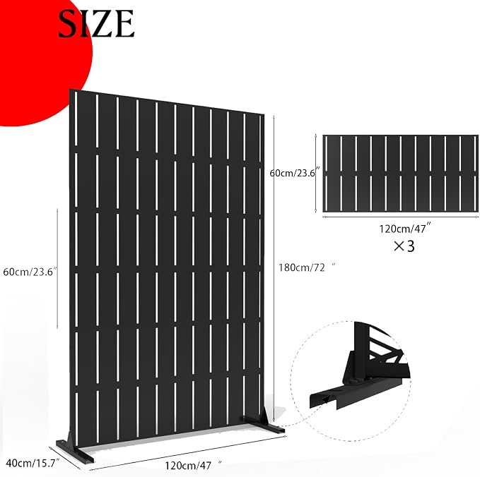 72" h x 47" w Outdoor Metal Privacy Screen, Freestanding Screen Panel with Stand, Privacy Fence and Room/Garden Divider, Weather-Resistant Steel for Patio, Garden, Balcony, or Backyard