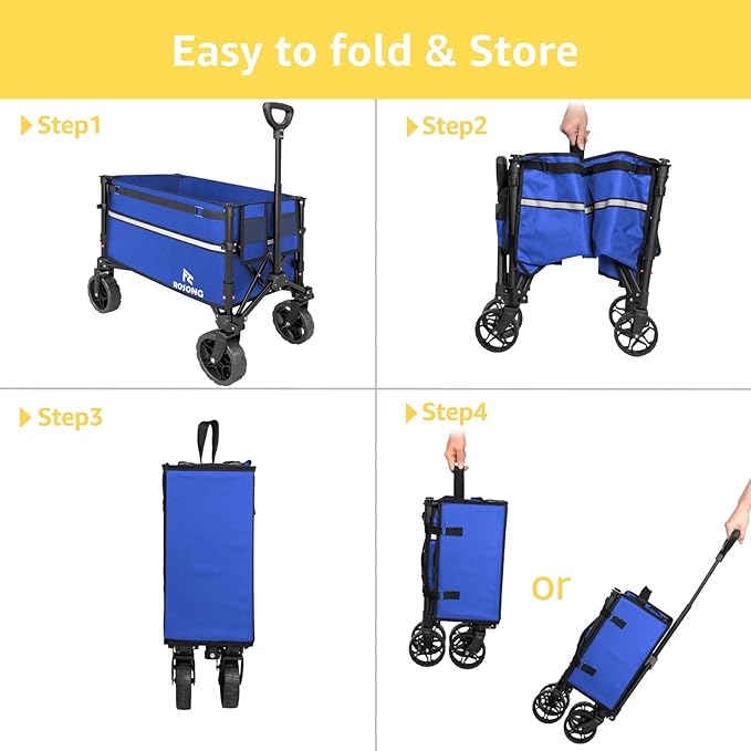 ROSONG Collapsible Wagon Cart with Wheels Foldable - Folding Utility Heavy Duty Wagons Carts for Grocery Sports Garden Shopping Camping Wheelbarrows (Blue, 120L)