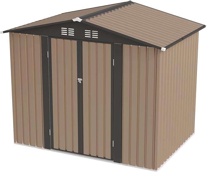 YOPTO 8x6 FT Outdoor Storage Shed,Waterproof Metal Cabinet with Apex Roof and Lockable,Storage Sheds House Shelter w/Vents,Tool House for Storing Bicycles,Lawnmowers,Brown