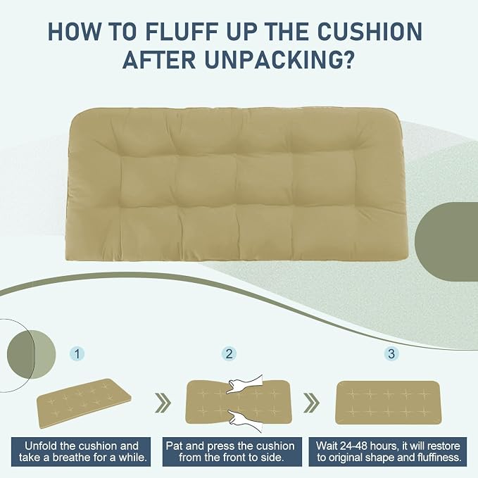 downluxe Outdoor Bench Cushion for Patio Furniture, Water Resistant Tufted Overstuffed Porch Swing Cushions, Thick Outdoor Loveseat Cushions, 44" X 19" X 5", Khaki, Set of 1