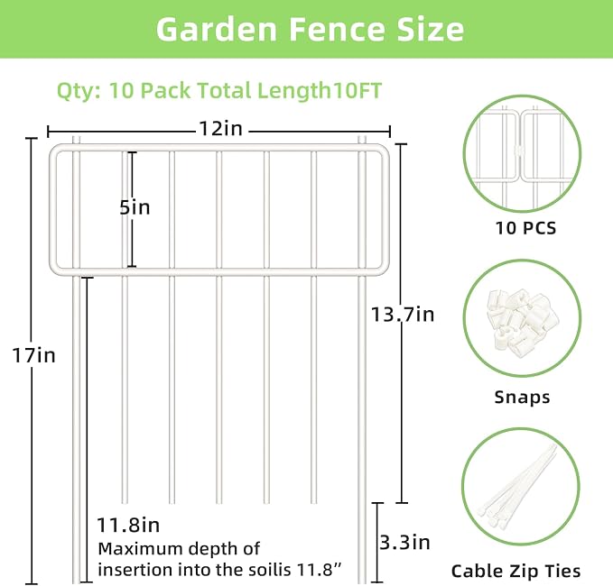 Thrivinest 10 Pack Animal Barrier Fence, No Dig Fence Decorative Fences, 17in(H) x10ft(L) Rustproof Metal Small Garden Fence Border for Dogs Rabbits, Bottom Blocker for Outdoor Yard Patio, White