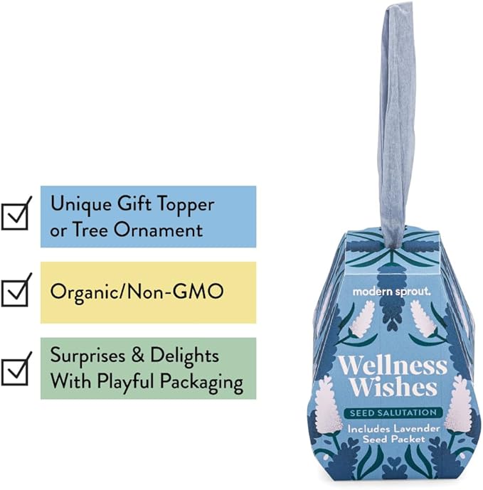 Modern Sprout Seed Salutations - Garden Seed Packet Gift Tag/Ornament - Non-GMO Lavender Seeds for Planting Indoor & Outdoor- Unique Gardening Gifts for Baby Shower birthdays-12 Pack(Wellness Wishes)