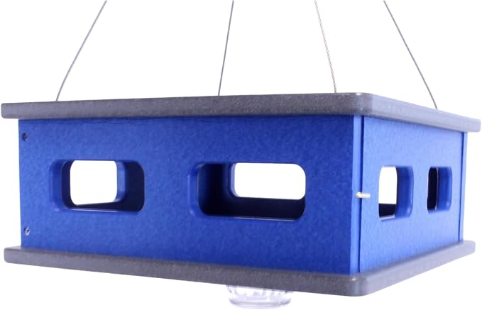 Bluebird Feeder - Hanging Block House Mealworm Feeder for Bluebirds - Amish-Made with Poly Lumber (Gray and Blue)