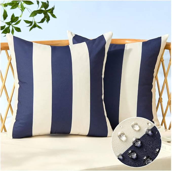 Allorry Outdoor Pillow Covers 20x20 Set of 2 Navy Blue Striped Decoration Throw Pillow Covers for Spring Summer Outdoor Waterproof Garden Patio Furniture Sofa Bed Home Decor JB007-D20
