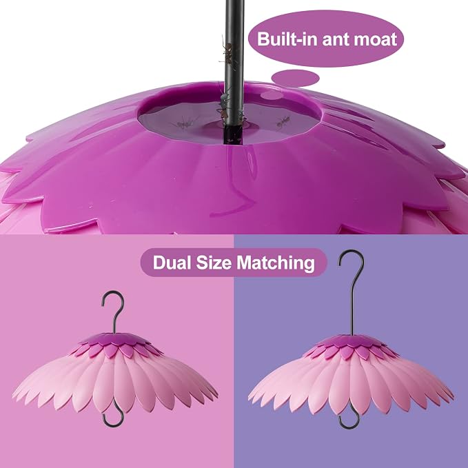 Beserie Bird Feeder Baffle Weather Rain Guard Dome Cover Keep Nectar Cool 14" Largh Diameter with Moat and 3 Hooks for Outside Hanging Hummingbird Feeder Bird Feeder（Pink Purple）
