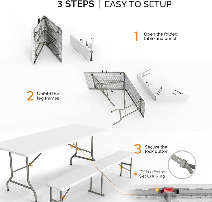 Bonnlo White Folding Picnic Table Set with 2 Benches, 6 Feet Camping Table Chair Set, Modern Portable 3-Piece Furniture for Indoor/Outdoor Use, White Folding Picnic Table with Smooth Tabletop