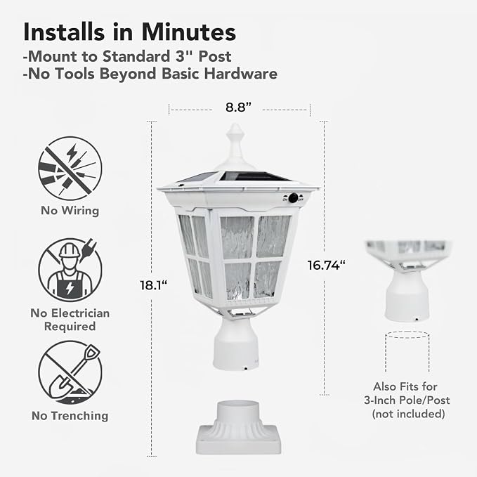 Cast Aluminum Solar Post Light Waterproof LED with Glass Outdoor Dusk to Dawn Pillar Lights ST4311AQ for Pier Mount Pillar Gates Garden Pole Column Yard Path Driveway (White, Lamp)