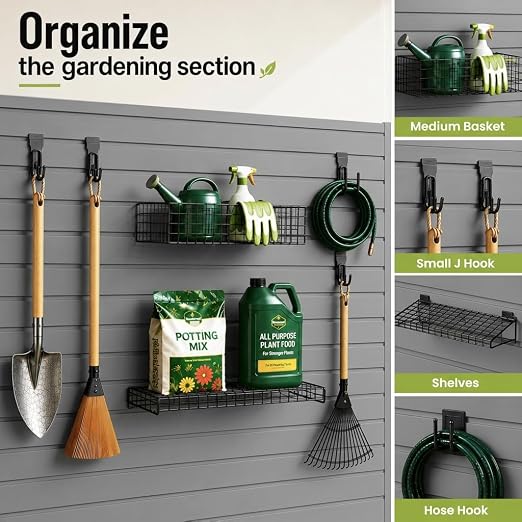 SMARTSTANDARD Slatwall Panel 4x8 FT, Garden Wall Organizer with 31 Garden Tool Hooks & Baskets,Heavy Duty PVC Slat Wall Panels for Gardening, Easy to Install & DIY Cutting (Gray)