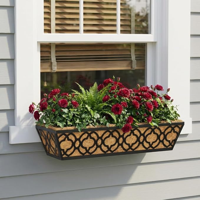 Y&M Deck Railing Planter Boxes, Adjustable Balcony Planter for Outdoor Plants, Metal Railing Planter Box for Deck, Fence and Porch, Window Boxes Outdoor, Sturdy Hanging Planter-24inch 6pcs