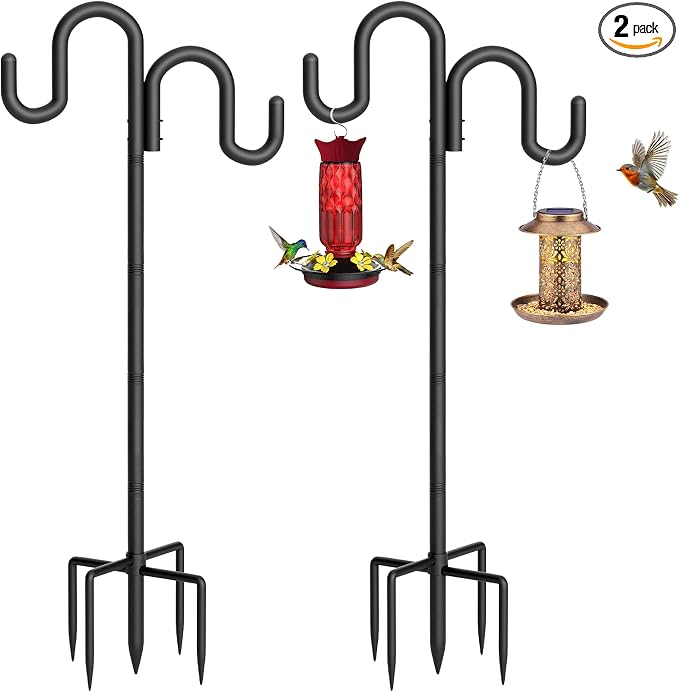 Double Shepherd Hook for Outdoor, 108" Heavy Duty Bird Feeder Pole with 5-Prong Base, Adjustable Thickened Shepherd Hook for Bird Feeder, Flower Baskets, Solar Lights, Lanterns, Black, 2 Pack