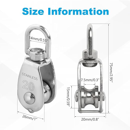 24 Pack M20 Single Pulley Block, 304 Stainless Steel Wire Rope Cable Pulley, Heavy Duty Swivel Pulley Wheel Hanging Wire Towing Wheel for Lifting