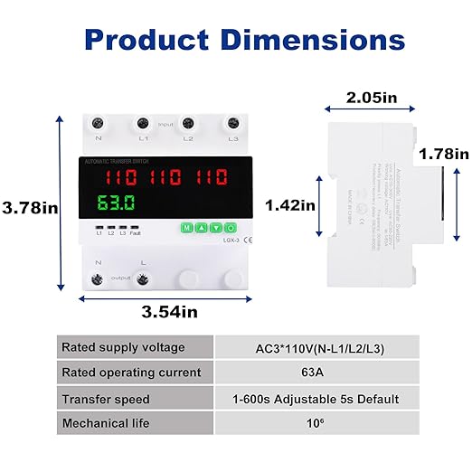 63A 110/120V Triple Power Automatic Transfer Switch,Automatic Switching Between Utility Power、Generator and Inverter,Overcurrent Protection,Overvoltage and undervoltage Protection