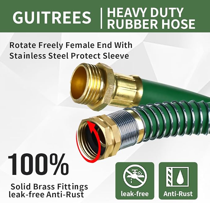 Guitrees 75FT 5/8 Heavy Duty Rubber Garden Hose - 300psi Working, 1000psi Burst - Hot/Cold Water - Five-Layered Braiding for Durability - Versatile for Gardening, Agriculture, Construction(Green)