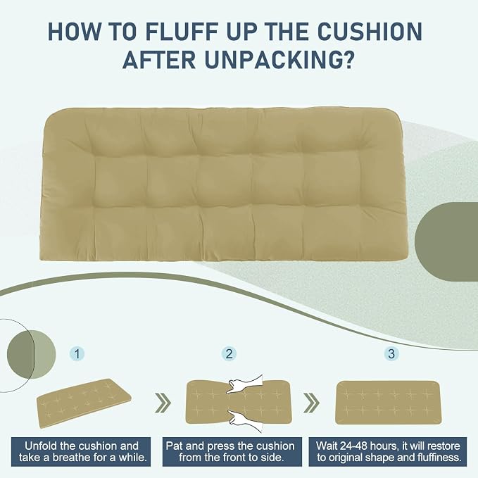 downluxe Outdoor Bench Cushion for Patio Furniture, Water Resistant Tufted Overstuffed Porch Swing Cushions, Thick Outdoor Loveseat Cushions, 59" x 18" x 5", Khaki, Set of 1
