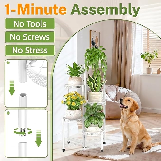 iDavosic.ly Plant Stand Indoor Outdoor, 5 Tier Corner Metal Flower Display Holder Shelf, Folding Tall Orchid Rack for Patio Balcony Porch Garden Living Room House, Wrought Iron - White