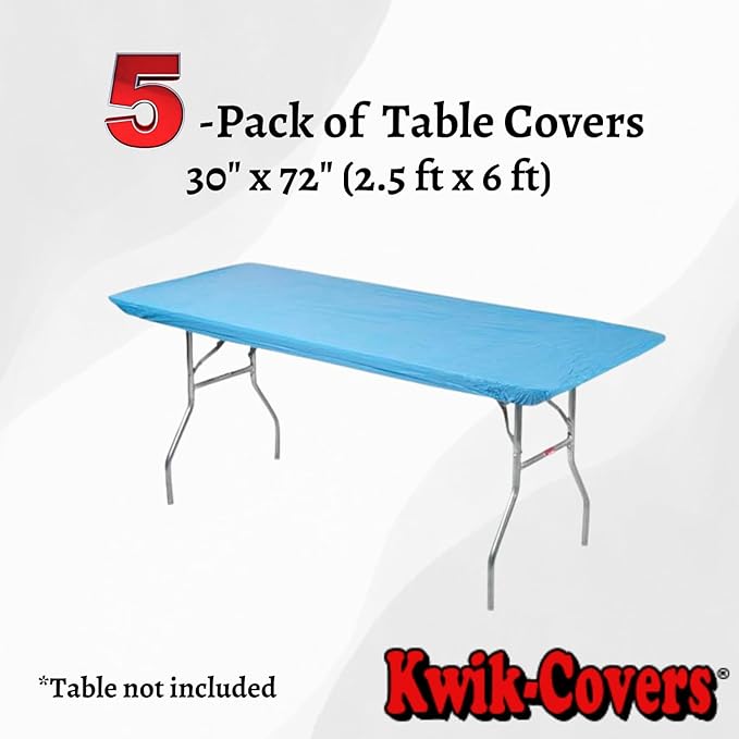 Kwik-Covers 6' Rectangle Plastic Table Covers 30" x 72", Bundle of 5 (Light Blue)