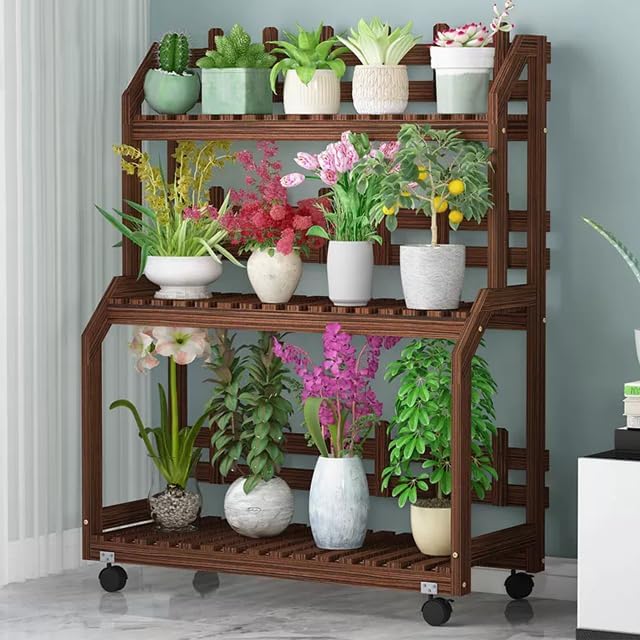 MoNiBloom 3 Tiers Plant Stand with Wheels, Outdoor Wood Plant Stands for Multiple Plants, Tiered Plant Shelf Table Plant Pot Stand for Living Room Patio Balcony