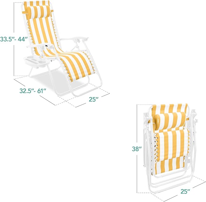 Best Choice Products Set of 2 Adjustable Steel Mesh Zero Gravity Lounge Chair Recliners w/Pillows and Cup Holder Trays - Marigold Striped